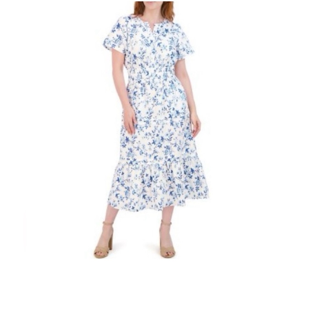French Connection short-sleeved maxi dress, size small, white- blue flowers, NWT